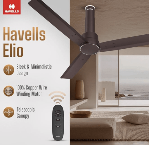 Havells 1200mm Elio BLDC Motor Ceiling Fan | Remote Controlled, High Air Delivery Fan | 5 Star Rated, Upto 60% Energy Saving, 2 Year Warranty | (Pack of 1, Brown) - Image 2